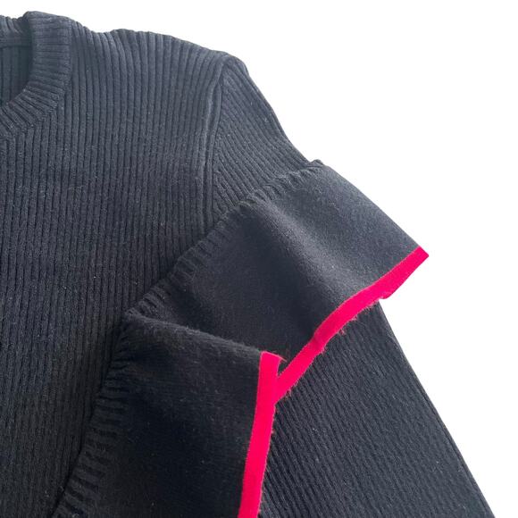 Loredana Black Ribbed Knit Red Trim Asymmetric Ruffle Crewneck Sweater Size M - Picture 4 of 8